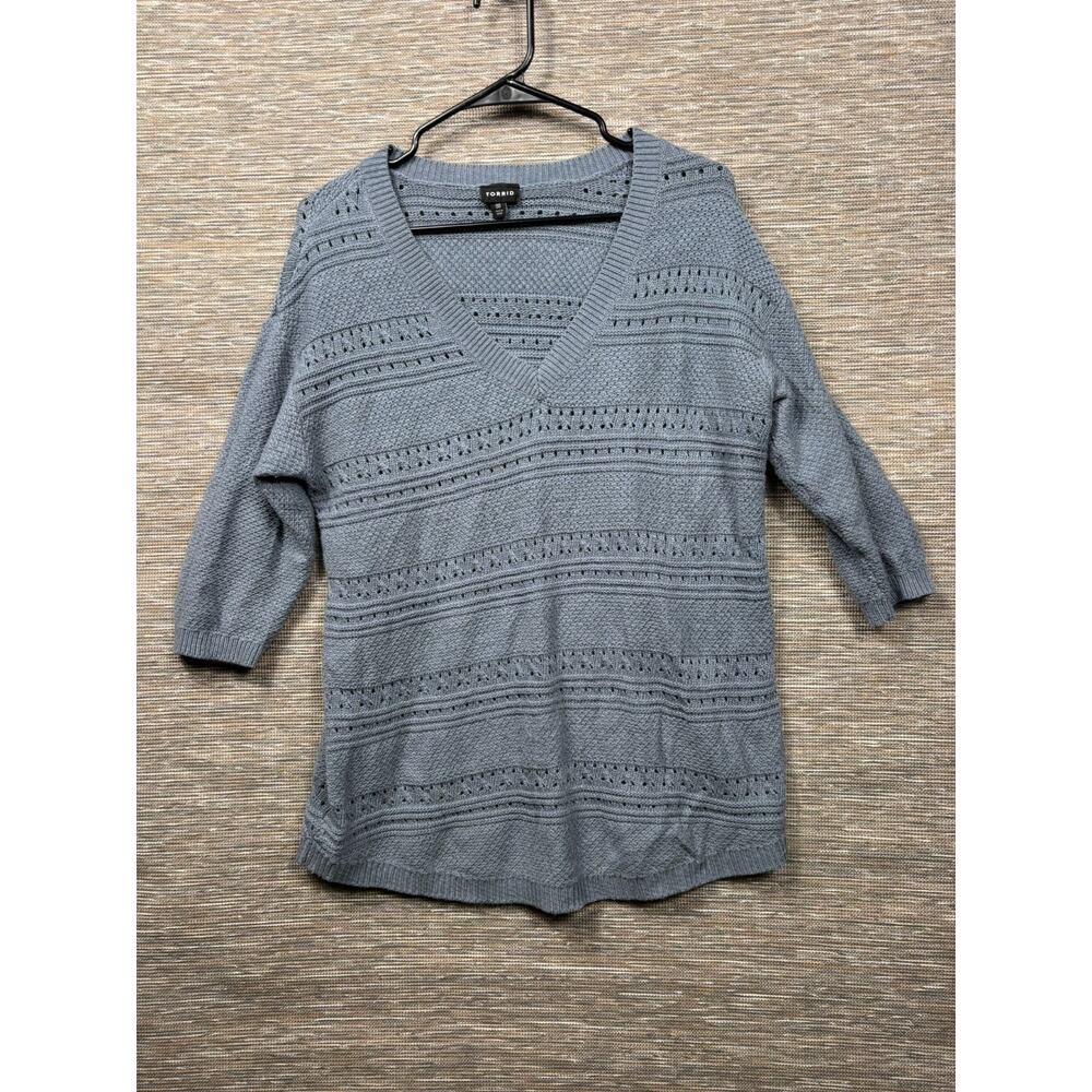 Torrid Pointelle Crochet Sweater Tunic Top Womens Sz 00 (10) Blue Short Sleeve